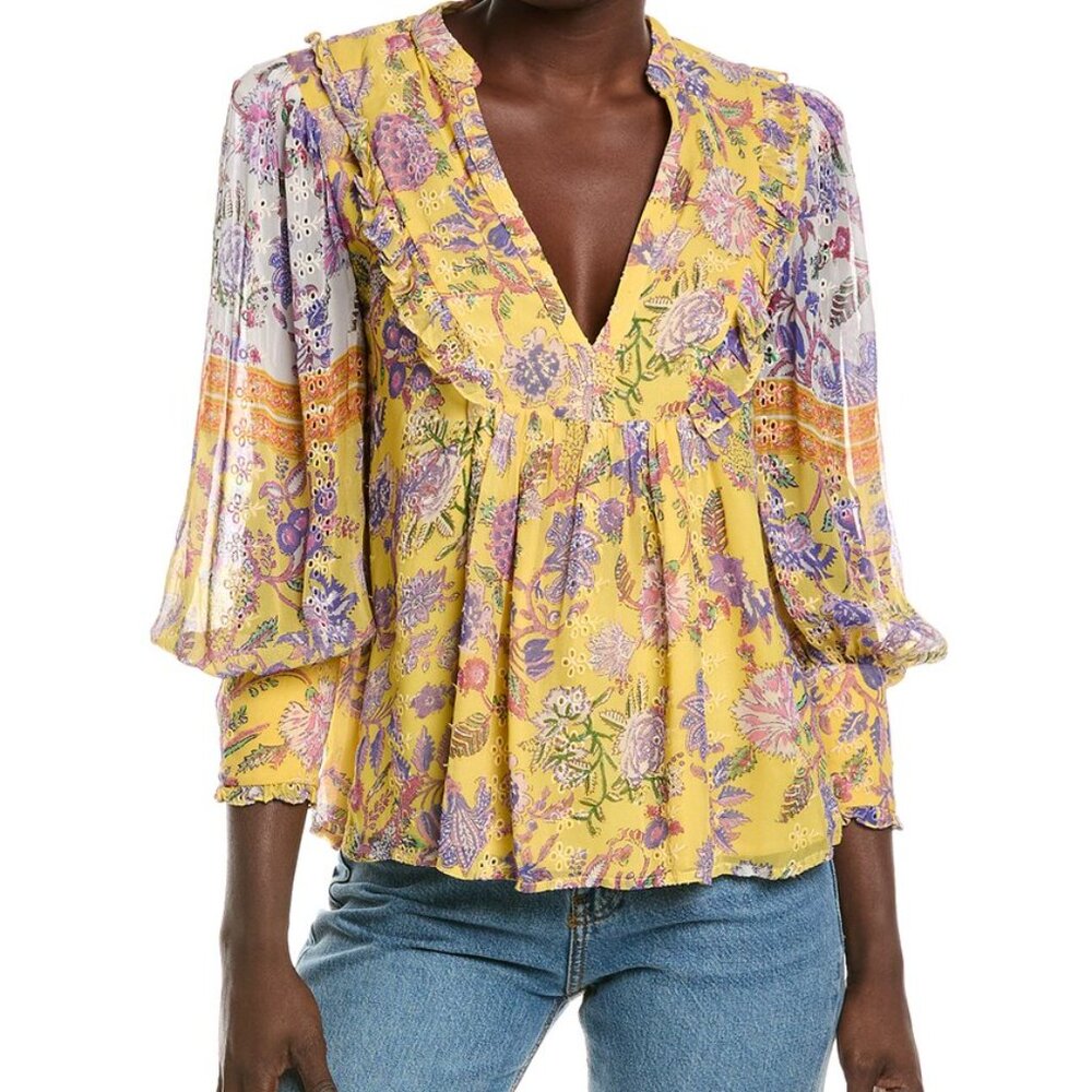 Hemant & Nandita Yellow Floral Eyelet Top Size Medium